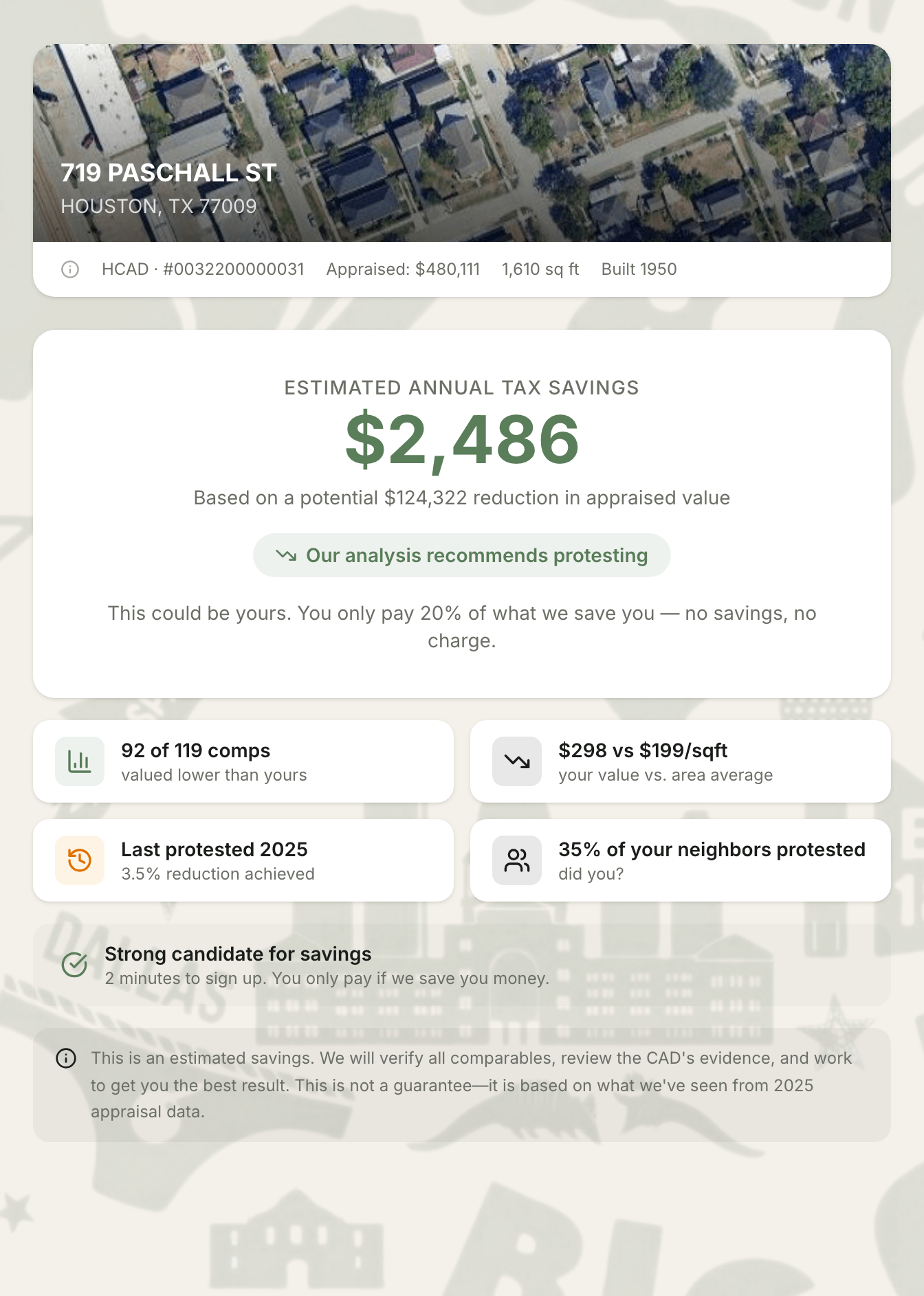 Estimated property tax savings analysis for a Houston home, showing $2,486 in projected annual savings with comparable-sales evidence.