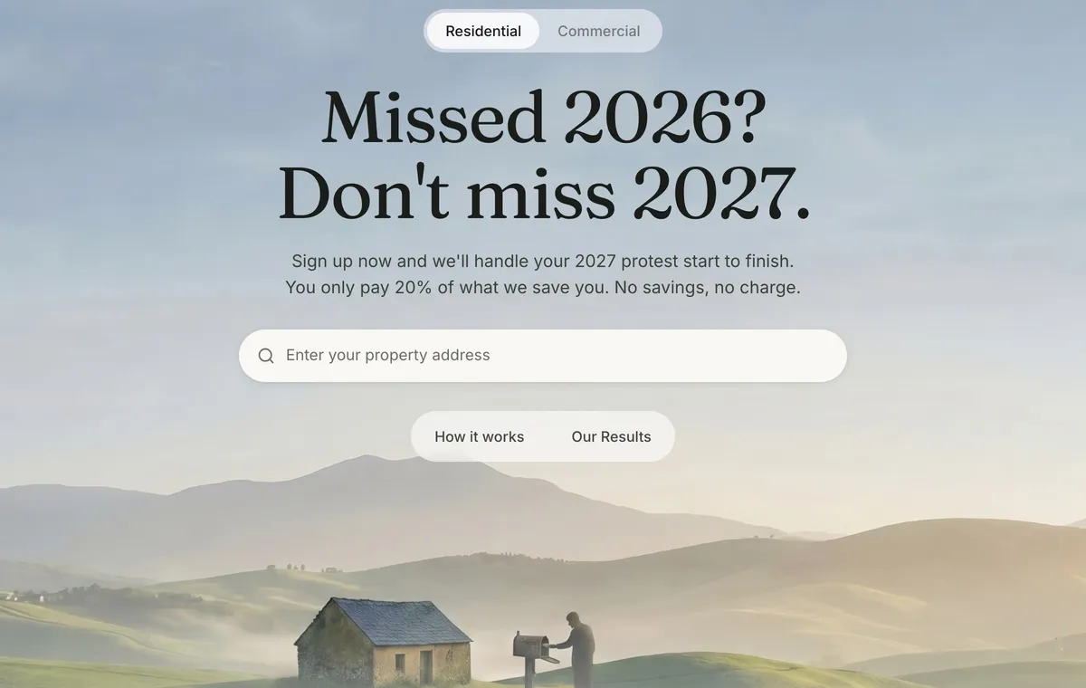 Homepage search with a Bellaire address typed in and a matching result showing an estimated $1,875 per year in savings.