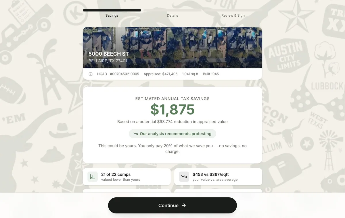 Savings analysis page showing a satellite view of the home, an estimated $1,875 in annual tax savings, and comparable-sales stats.