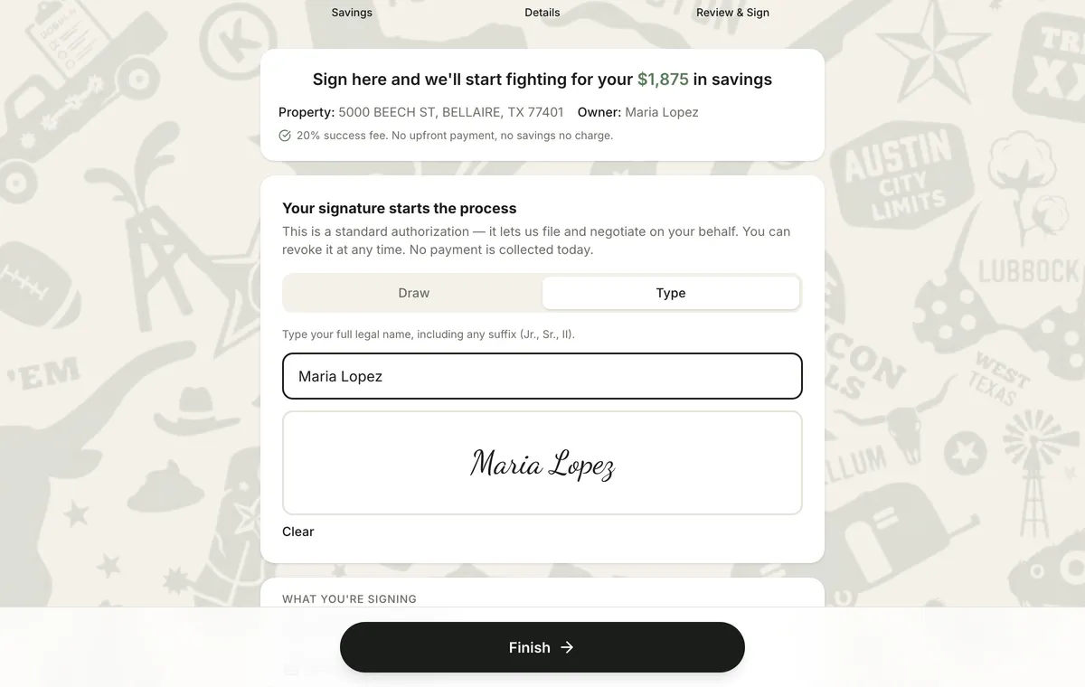 Review and sign step with a typed e-signature preview and the authorization documents listed below it.
